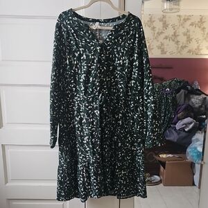 Pact Cafe Crepe Tiered Long Sleeve Green Floral Dress Mountain View Wanderer XL
